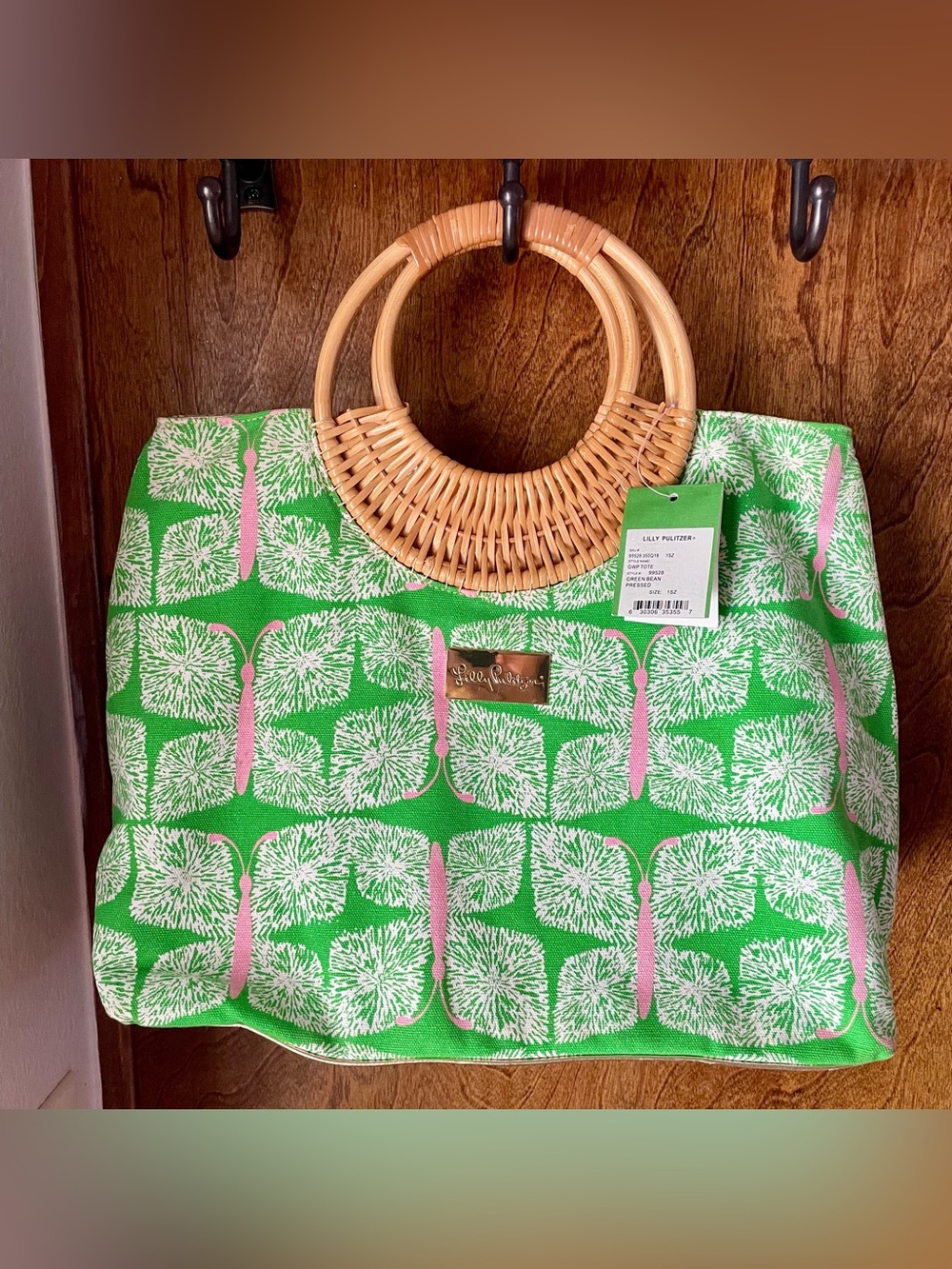 Lilly Pulitzer Green, Pink & White Tote with Bamboo Ring Handles